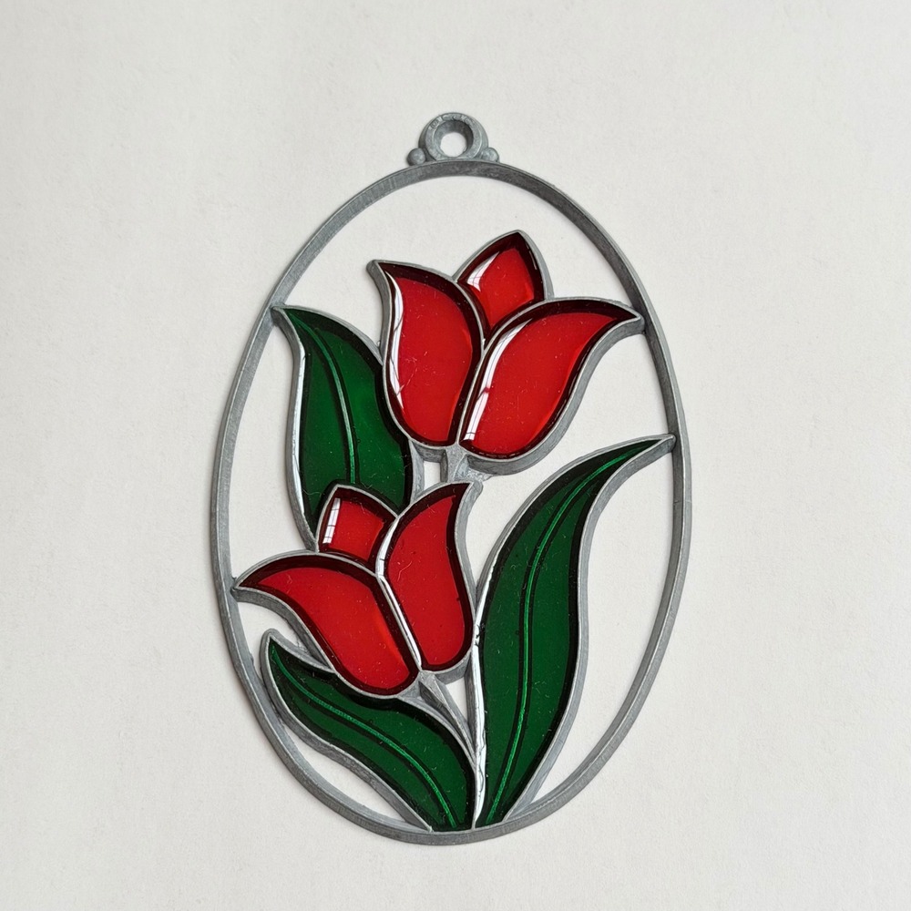Vintage Faux Stained Glass Red Tulip Suncatcher Oval Metal Frame Ornament Decor